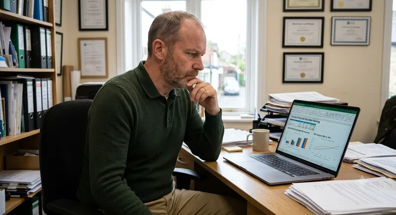 A small business owner contemplates a laptop.