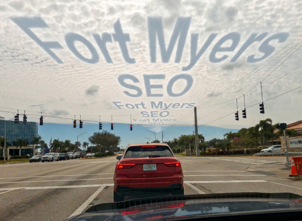 Cirrostratus clouds on a sunny day along a major Fort Myers intersection display the words Fort Myers SEO.