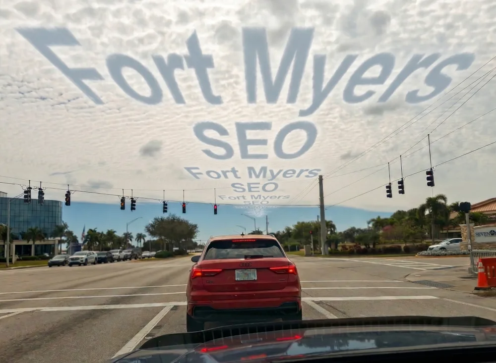 Cirrostratus clouds on a sunny day along a major Fort Myers intersection display the words Fort Myers SEO.