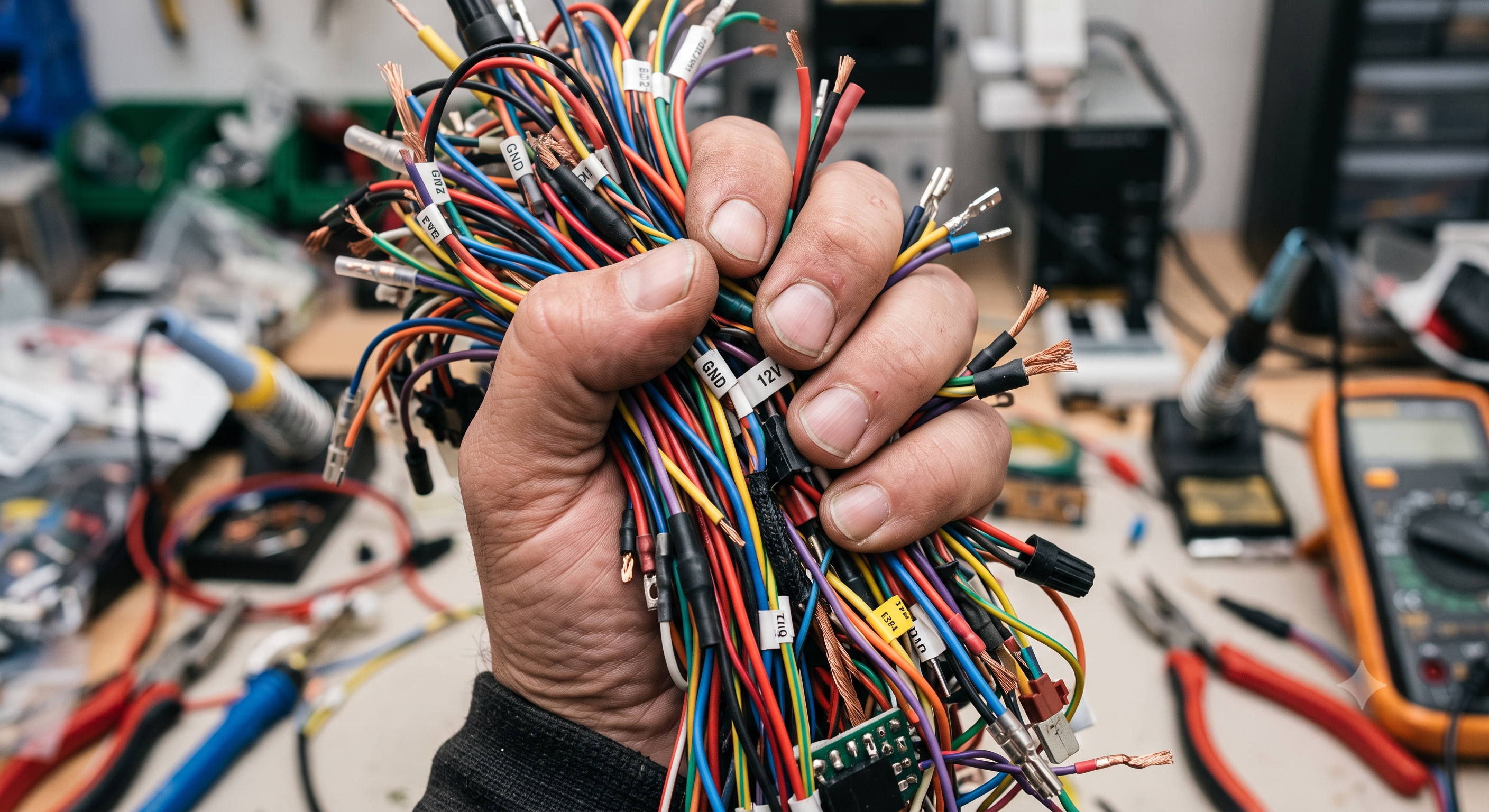 A human hand holding a fistful of disconnected electrical wires.