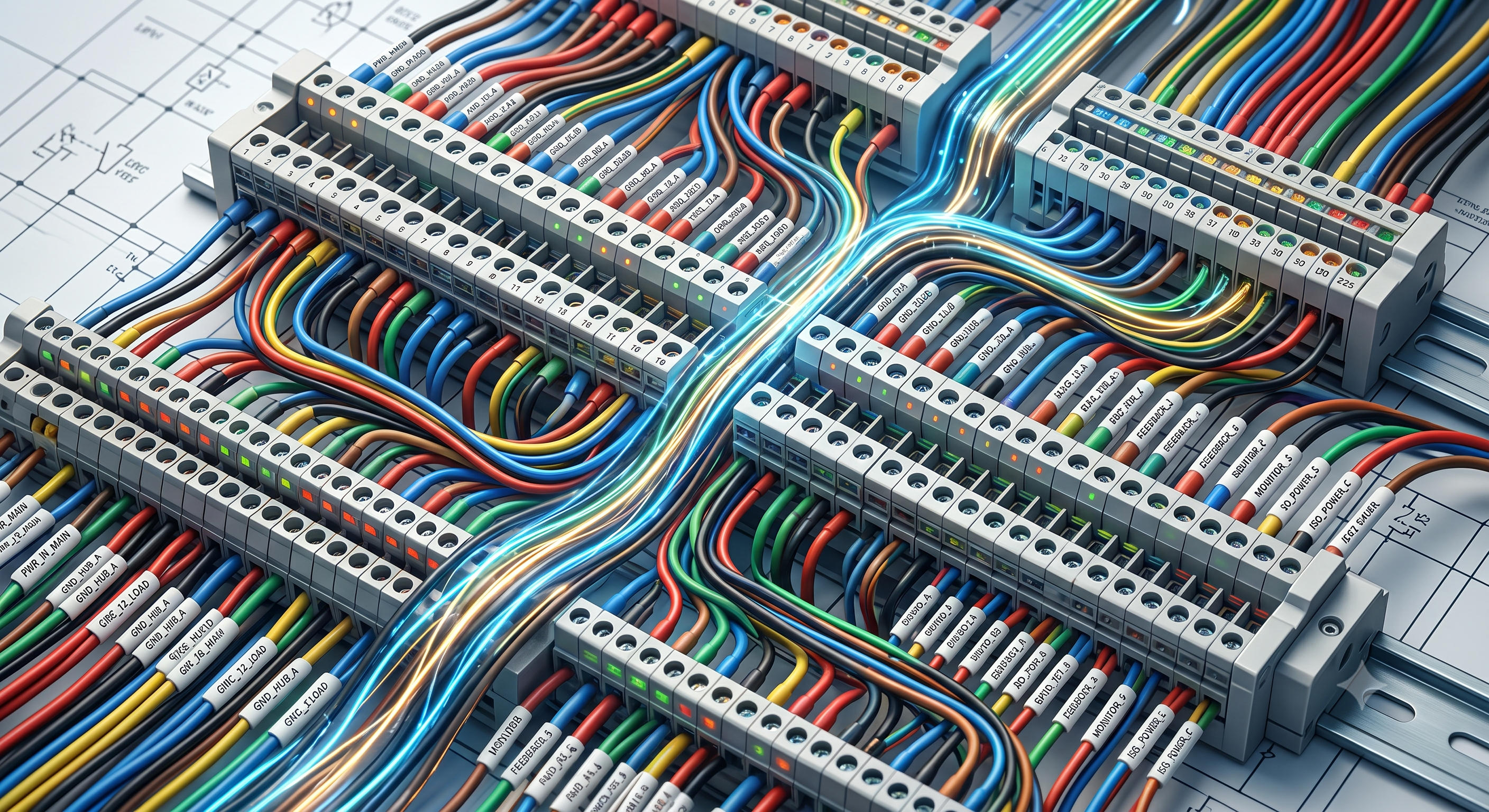 A picture of a large number of electric wires connected to each other